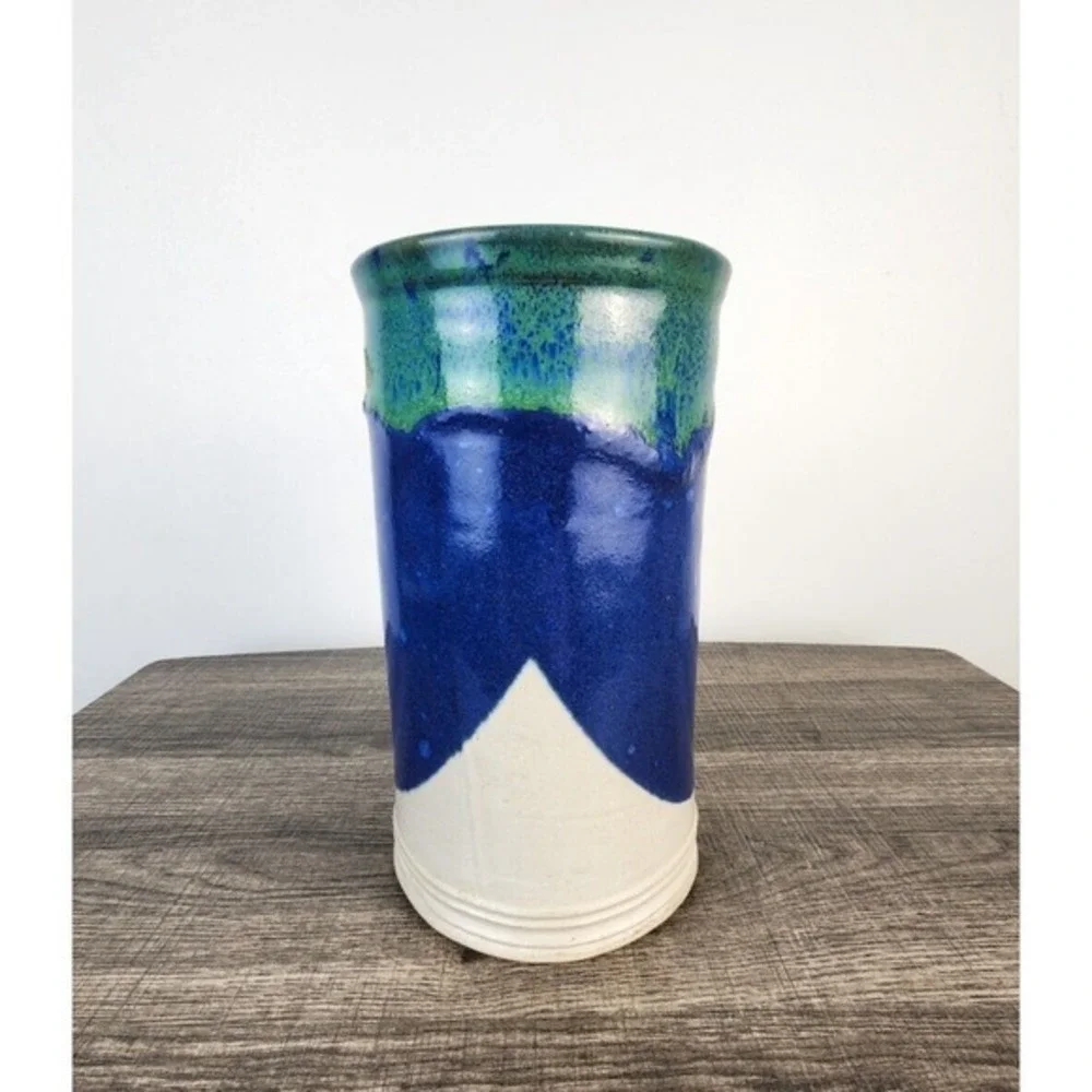 Schmidt Handmade Studio Pottery Vase Blue Green White Glazed‎ Ceramic Signed